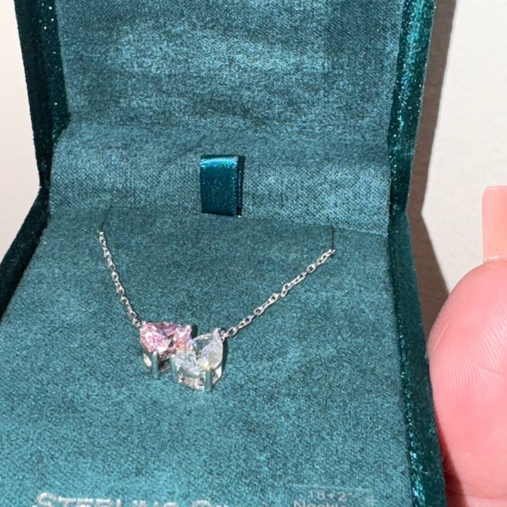 Pink Heart White Pear-Shaped Cubic Zirconia You & Me Necklace in Sterling Silver - Picture 13 of 16